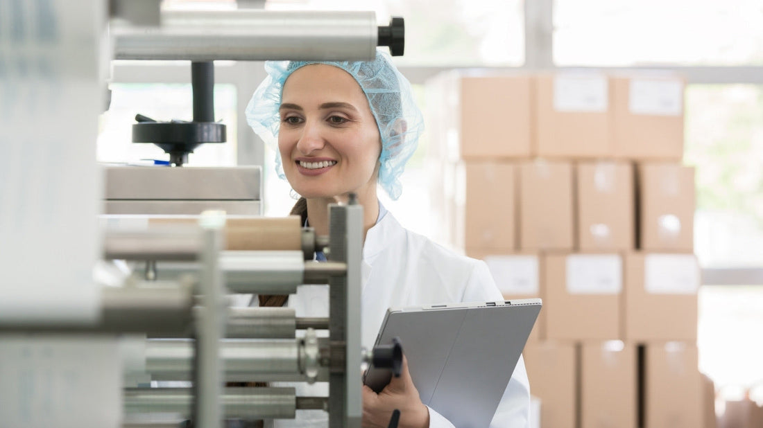 Frau in Laborkittel entwickelt Kosmetikprodukt in der Produktion – Qualitätskontrolle und Forschung im Fokus