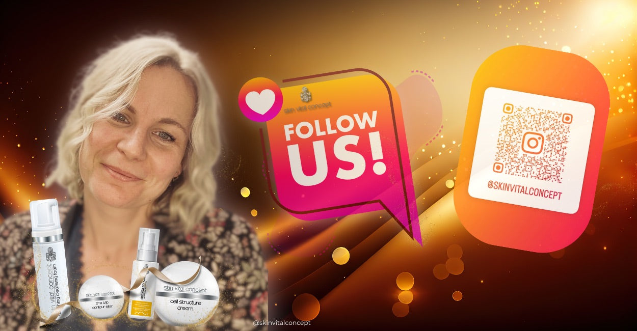 Portrait einer lächelnden Frau mit Skin Vital Concept Produkten vor einem gold-orangenen Hintergrund, daneben ein „Follow us“-Aufruf mit QR-Code und dem Instagram-Handle @skinvitalconcept.