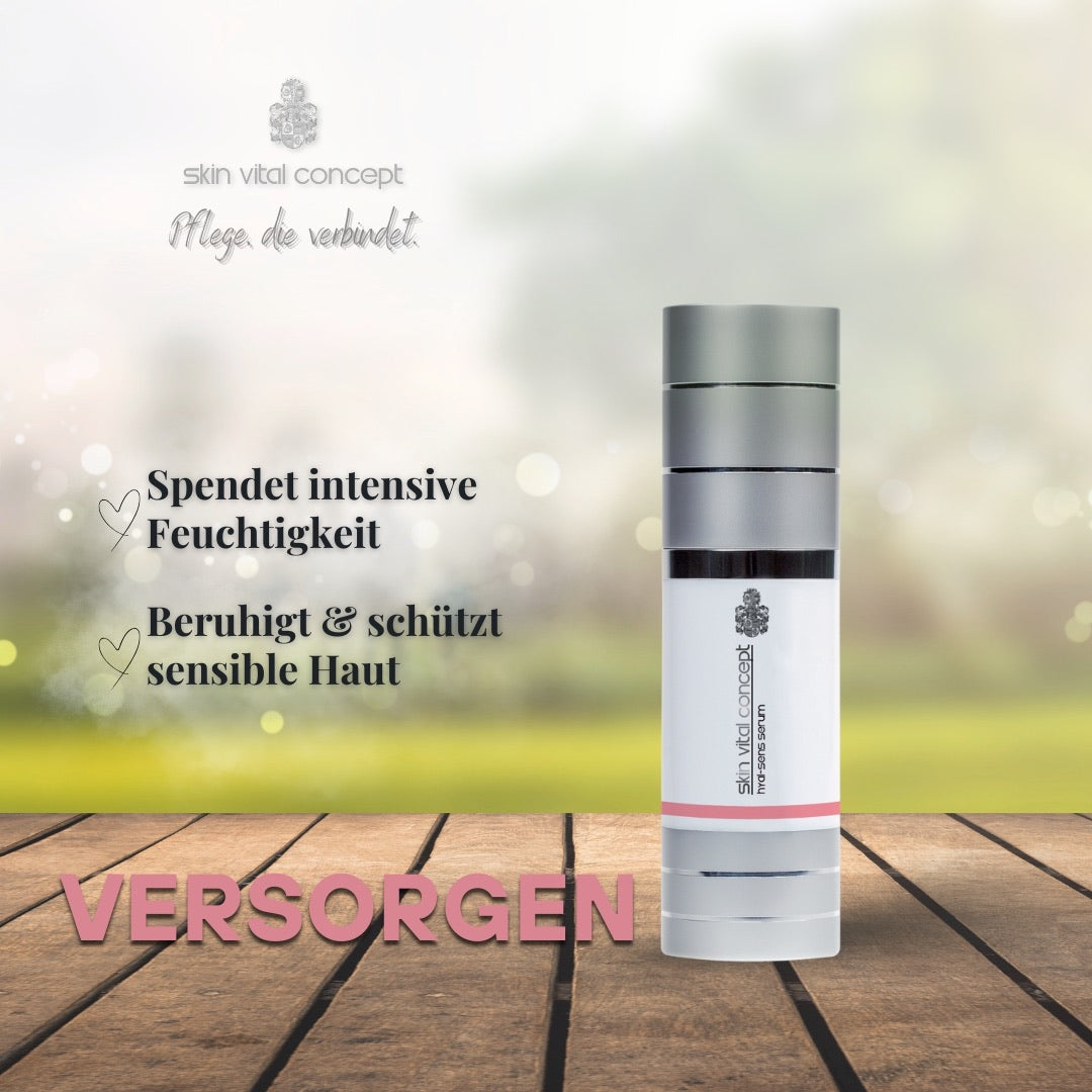 Feuchtigkeitsspendendes Serum für sensible, trockene Haut. Alttext: Hyal-Sens Serum mit dem Wort "Versorgen"