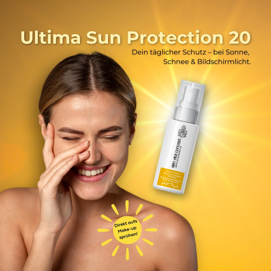 Leichtes Sonnenschutzspray SPF 20 von Skin Vital Concept – ideal bei Sonne, Schnee und Bildschirmlicht, auch über Make-up anwendbar.