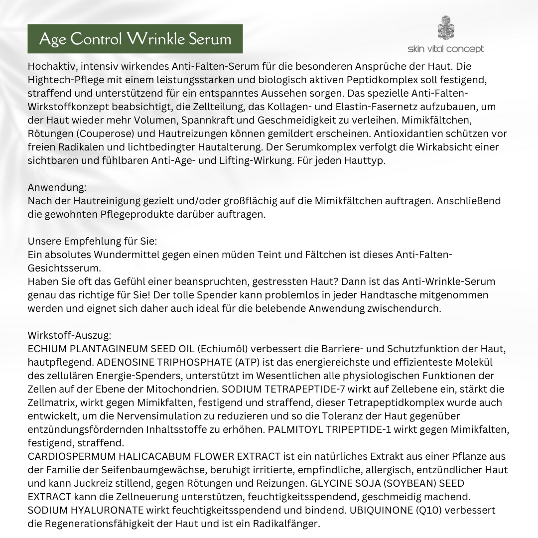 Age Control Wrinkle Serum 30 ml von Skin Vital Concept – Detaillierte Produktbeschreibung, Inhaltsstoffe und Anwendungshinweise für intensive Anti-Aging Pflege.