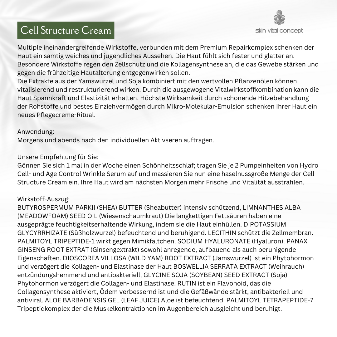 Cell Structure Cream 50 g von Skin Vital Concept – Produktbeschreibung, Inhaltsstoffe und Anwendungshinweise für die Hautstraffung und Förderung der Hautstruktur.