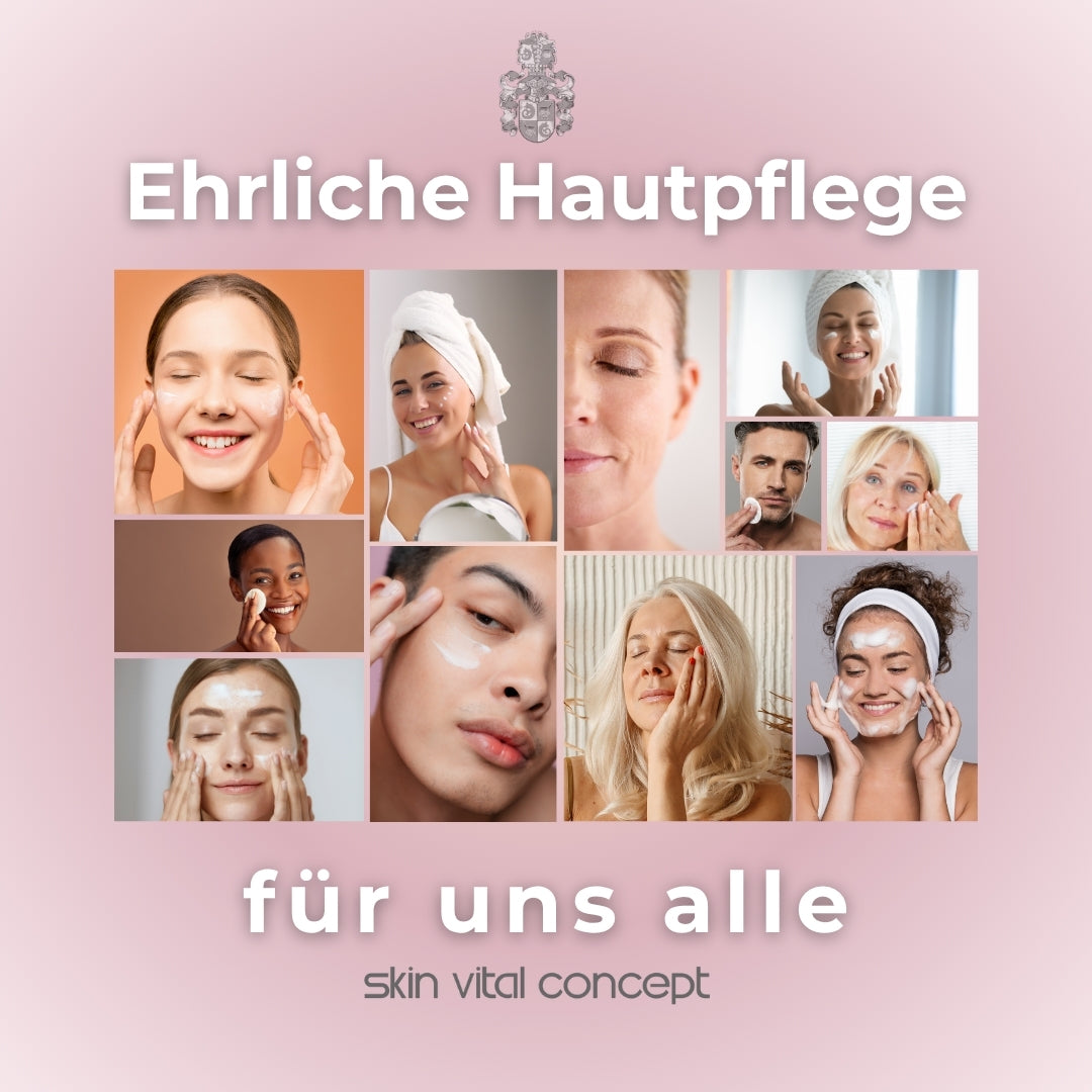Collage verschiedener Menschen bei der Gesichtspflege – Symbol für inklusive, ehrliche Hautpflege von Skin Vital Concept.