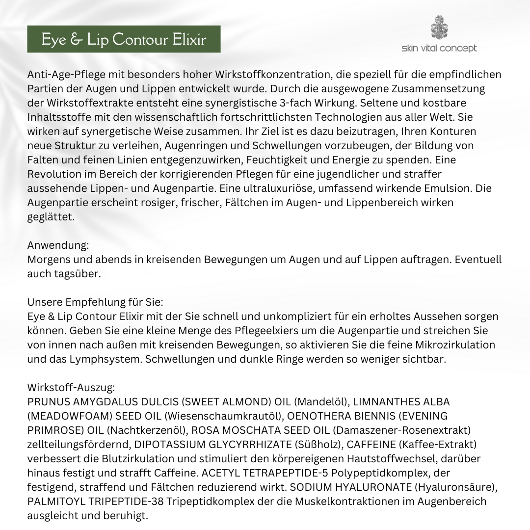 Eye & Lip Contour Elixir 15 g von Skin Vital Concept – Beschreibung der Augen- und Lippenpflege, Inhaltsstoffe und Anwendung für straffende Pflege.