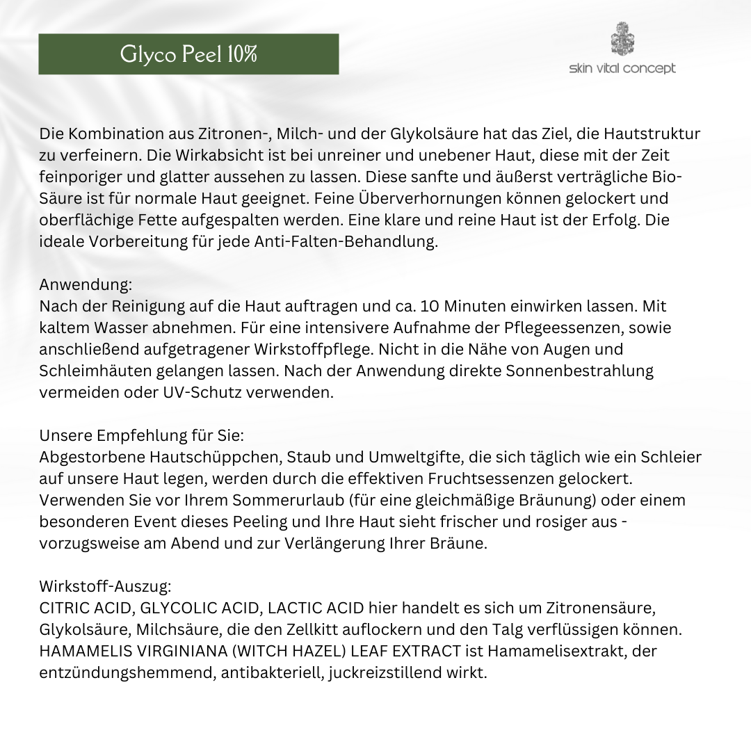 Glyco Peel 10% 30 ml von Skin Vital Concept – Beschreibung des Peelings mit Inhaltsstoffen und Anwendungshinweisen für Hauterneuerung und Porenverfeinerung.
