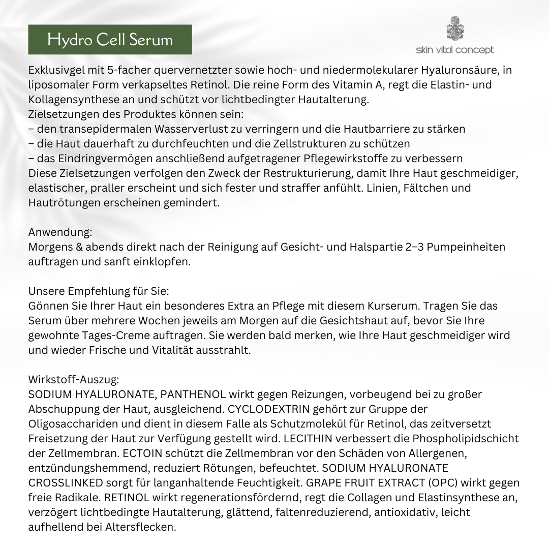 Hydro Cell Serum 30 ml von Skin Vital Concept – Vollständige Produktbeschreibung, Inhaltsstoffe und Anwendungshinweise für intensive Feuchtigkeitspflege.