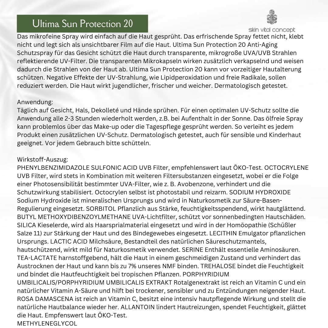 Ultima Sun Protection 20 50 ml von Skin Vital Concept – Produktbeschreibung, Inhaltsstoffe und Anwendungshinweise für effektiven Sonnenschutz und Hautpflege.