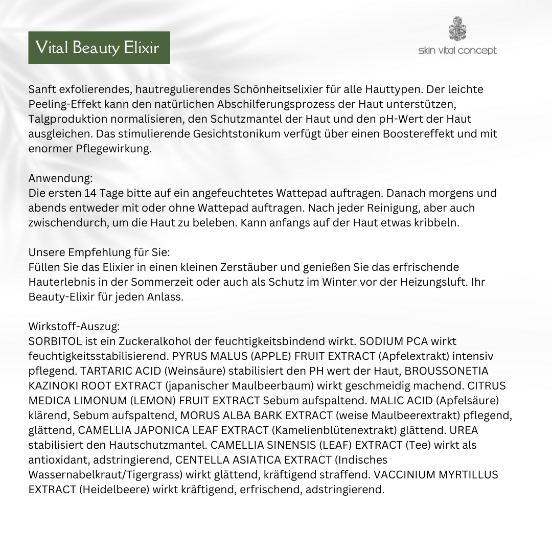 Vital Beauty Elixir 100 ml von Skin Vital Concept – Produktbeschreibung, Inhaltsstoffe und Anwendungshinweise für revitalisierende Pflege und Hautstraffung.