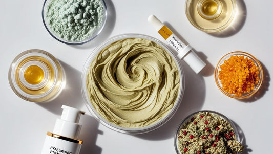 Zeigt Texturen von Inhaltsstoffen, wie Hyaloronsäure, Vitamin C, Retinol, Niaciamit, Peptide usw.