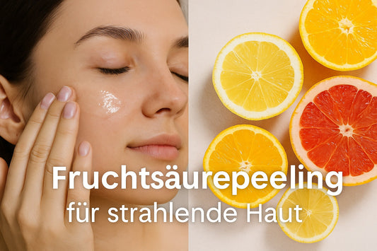 Eine Frau trägt sanft ein Fruchtsäurepeeling auf ihr Gesicht auf – die Haut wirkt frisch, gepflegt und strahlend. Daneben eine symbolische Darstellung für Hauterneuerung und natürliche Pflege.