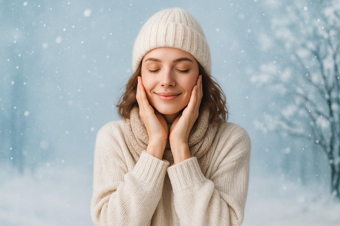 Junge Frau mit klarer, gepflegter Haut sitzt im warmen Herbstlicht und hält ein Hautpflegeprodukt – natürliche, ruhige Stimmung für den Blogartikel über Skin Balance Pflege im Herbst und Winter.