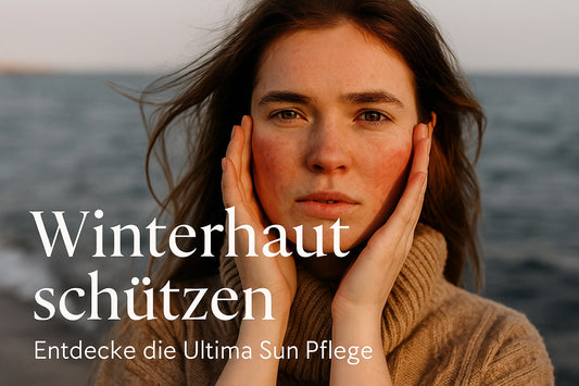 Nahaufnahme einer Frau im sanften Winterlicht, die ihre Gesichtshaut berührt – Symbol für trockene, schützbedürftige Winterhaut. Ideal passend zum Thema Hautpflege im Winter und UV-Schutz mit Ultima Sun Protection 20 von Skin Vital Concept.