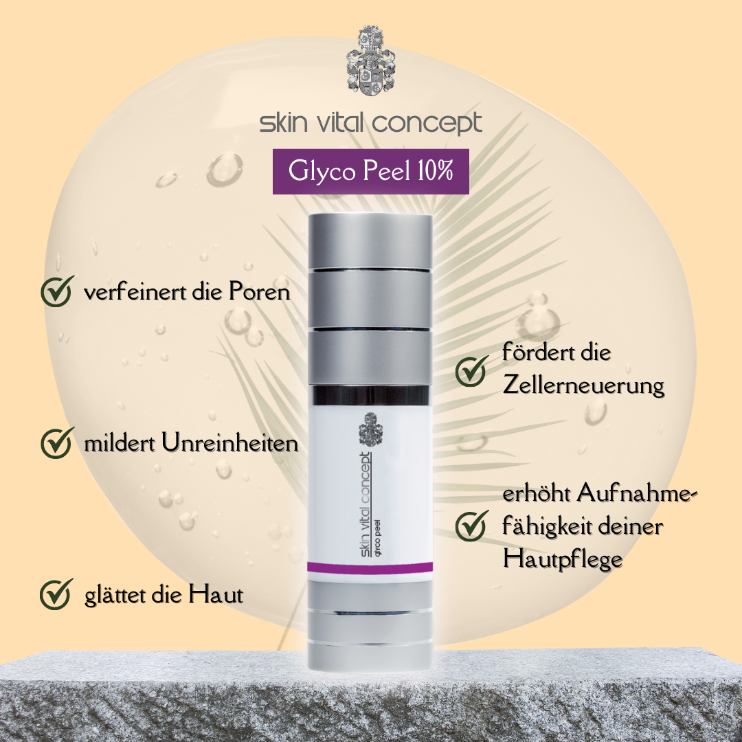 Skin Vital Concept Glyco Peel 10%
Peeling mit Fruchtsäuren zur Zellerneuerung, reduziert Pigmentflecken und glättet die Hauttextur.