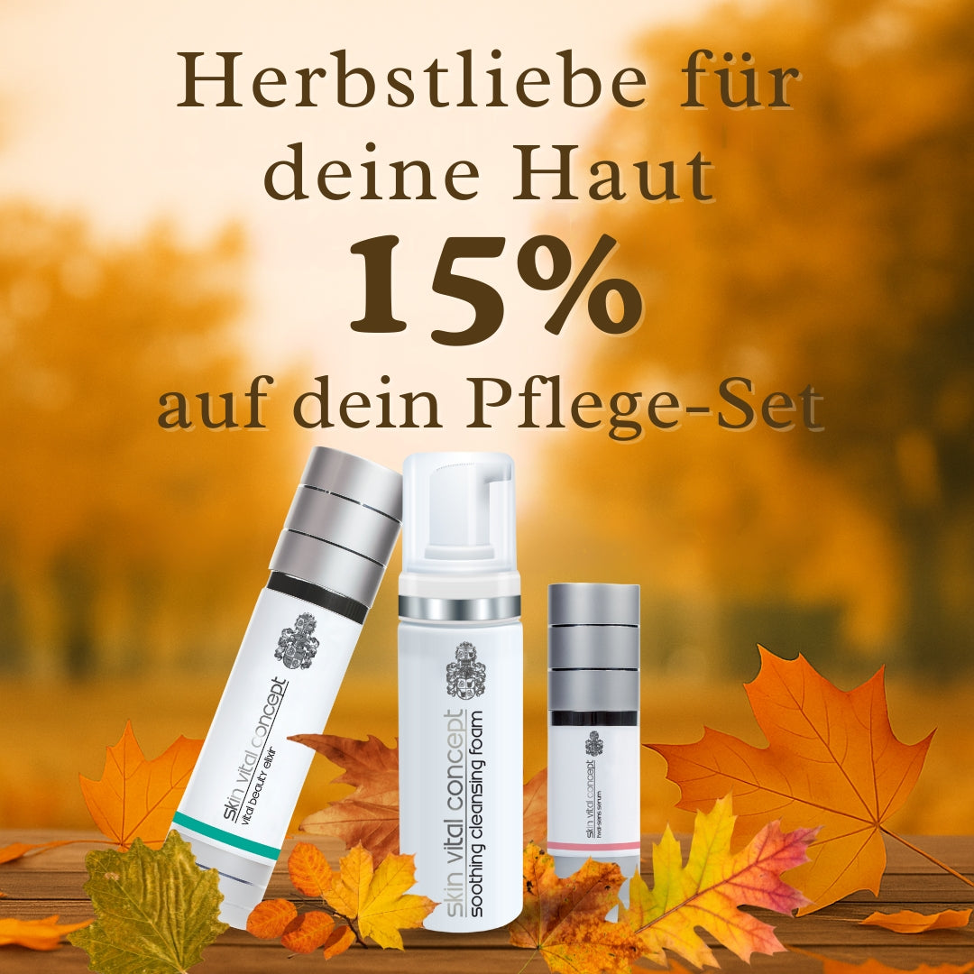 Herbstliebe Hautpflege-Set von Skin Vital Concept – Soothing Cleansing Foam, Hyal-Sens Serum und Vital Beauty Elixier mit 15 % Rabatt. Perfekte Pflege-Kombination für empfindliche, trockene Haut im Herbst.