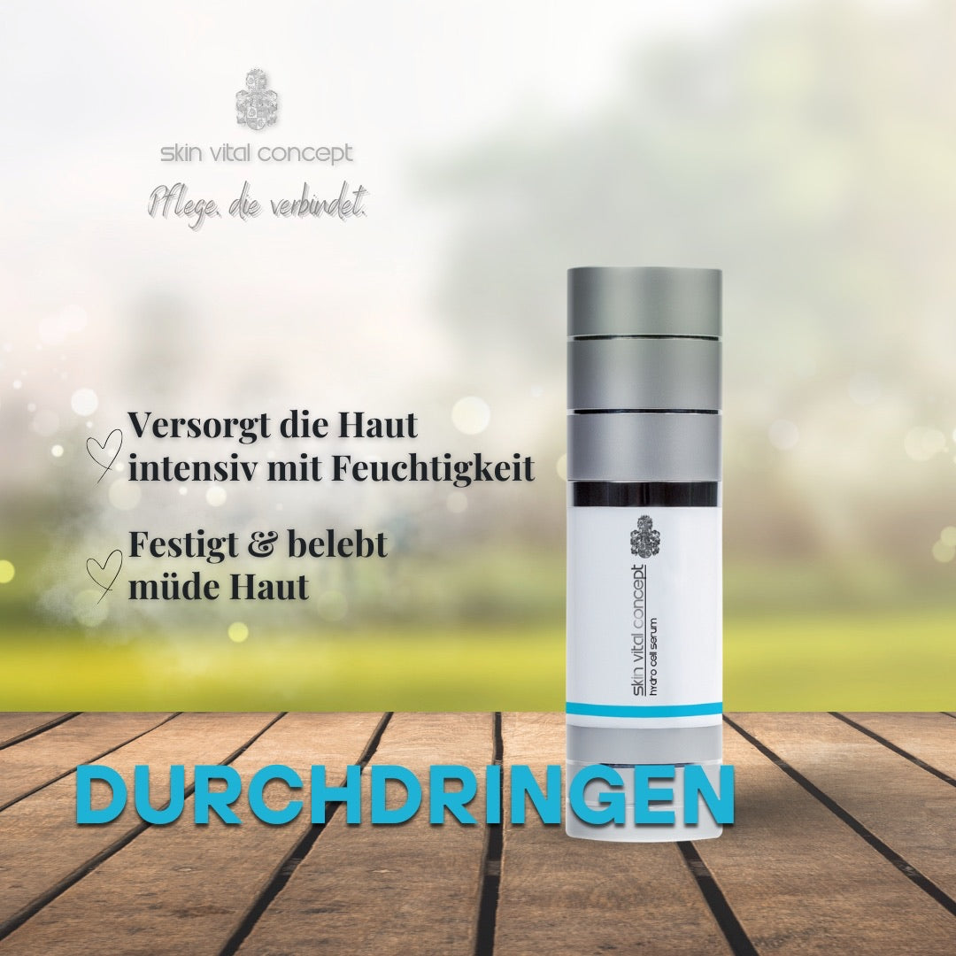 Retinol-Serum mit Hyaluron – intensive Tiefenfeuchtigkeit. Alttext: Hydro Cell Serum mit dem Wort "Durchdringen".